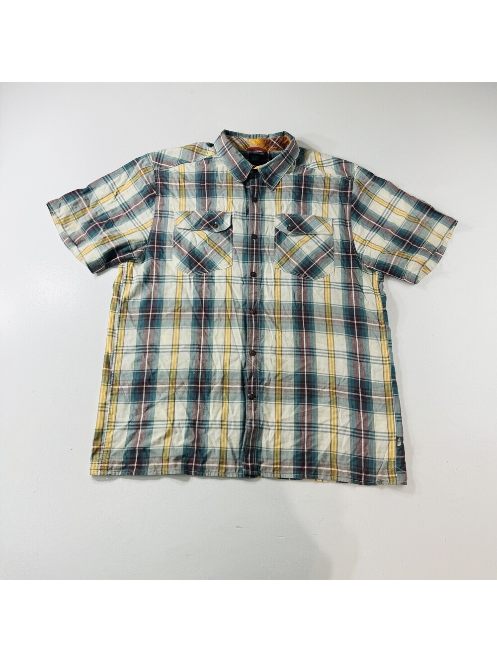 The North Face Button Down Shirt S/S Blue Yellow Plaid Men’s Size Large